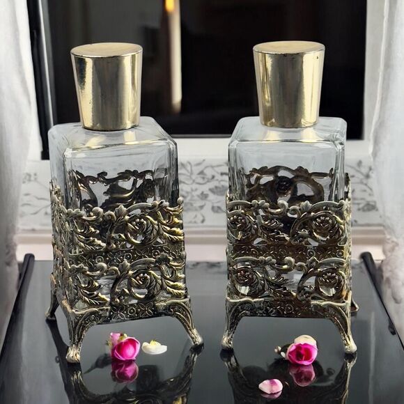 Vintage Perfume Holder Jars Metal Bottles 2pc - Picture 1 of 10